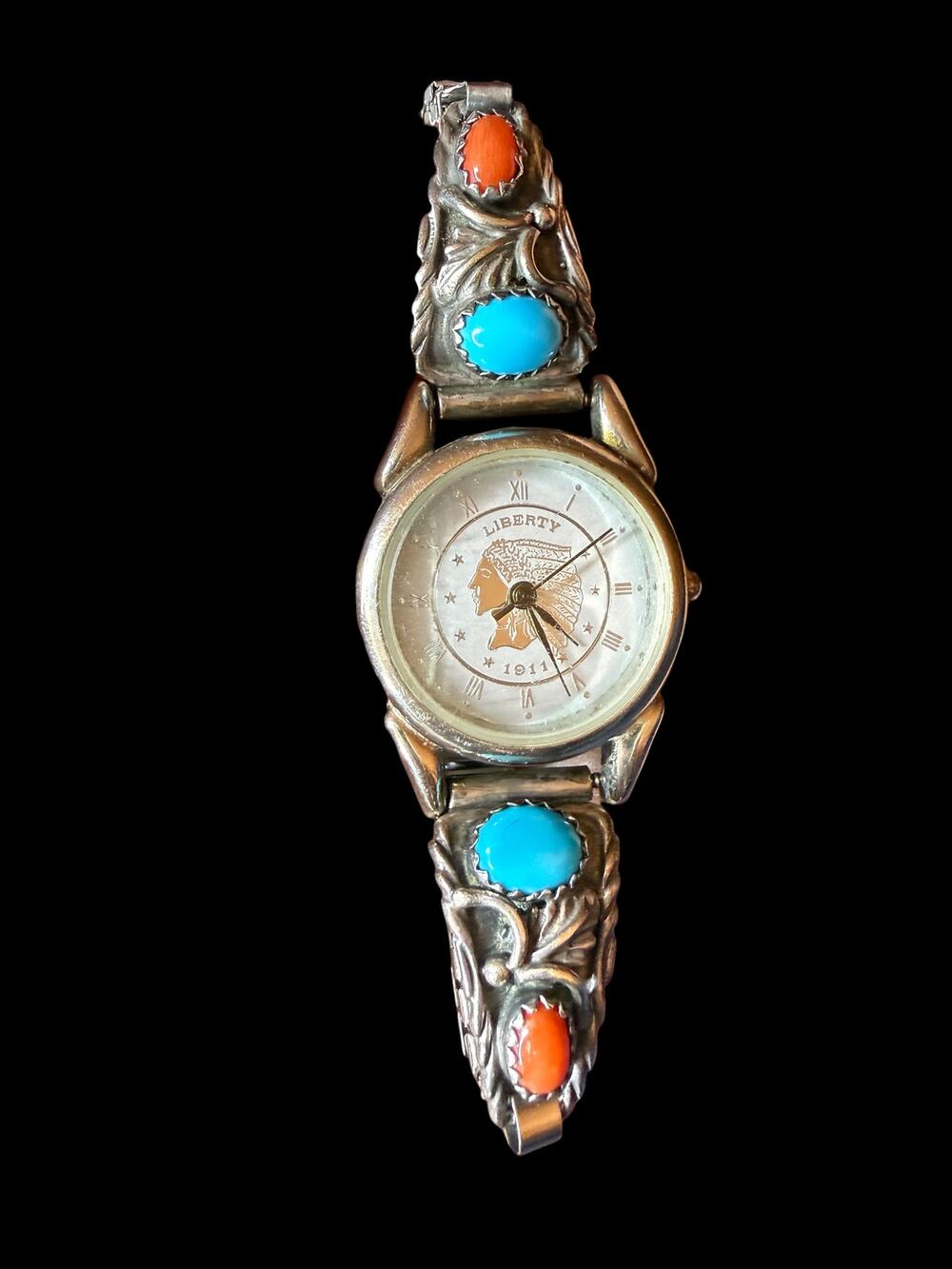 Vtg Navajo Style Sterling Silver Turquoise Coral Watch 1911 Liberty Coin